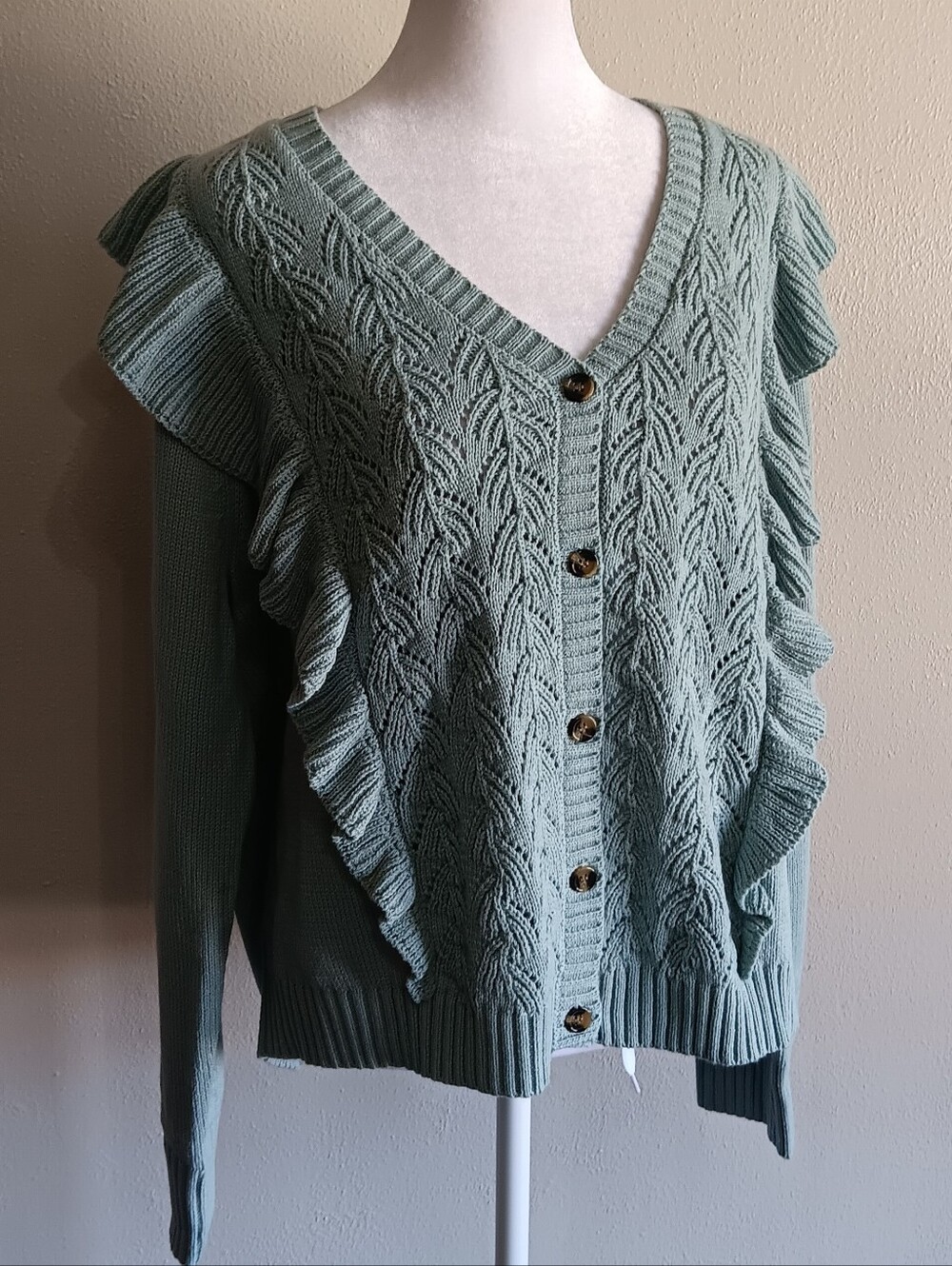 LC Lauren Conrad Sage Green Cable Knit V-Neck Cardigan Ruffle Sweater, Approx XL
